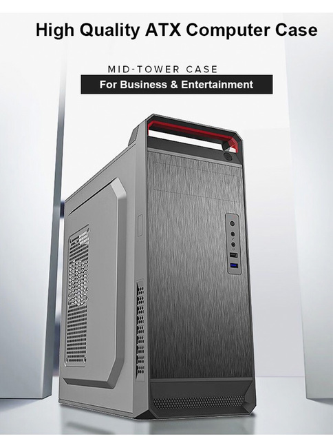 Aluminum alloy front panel, SECC steel body, top handle, USB2.0, audio, MIC, supports 120mm fans, for business and gaming PC.
