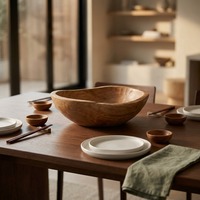 Bol à salade rond en bois d'acacia, fait main, durable, style Japandi, idéal pour salades, soupes et nouilles – Cadeau d'affaires en gros