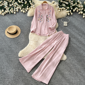 Conjunto de 2 Piezas para <span class=keywords><strong>Mujer</strong></span>, Camisa de Manga Larga con Cuello y Bordado Floral, Pantalones Anchos con Cintura Elástica, Estilo Casual para Primavera, Otoño y Vacaciones - Product Image 3