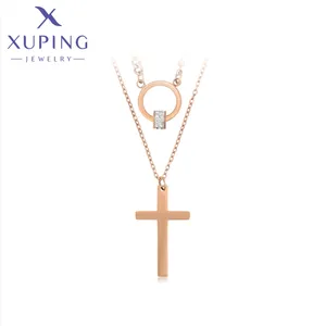 A00873185 Bijoux fantaisie Xuping Collier élégant en acier inoxydable avec double chaîne et croix en forme de cerceau couleur or rose