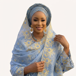 Wholesale Women <b>Light</b> Blue Chiffon Hijab Shawl Floral Embroidery Rhinestone African Headwrap Lightweight Breathable Daily Wear - Product Image 1