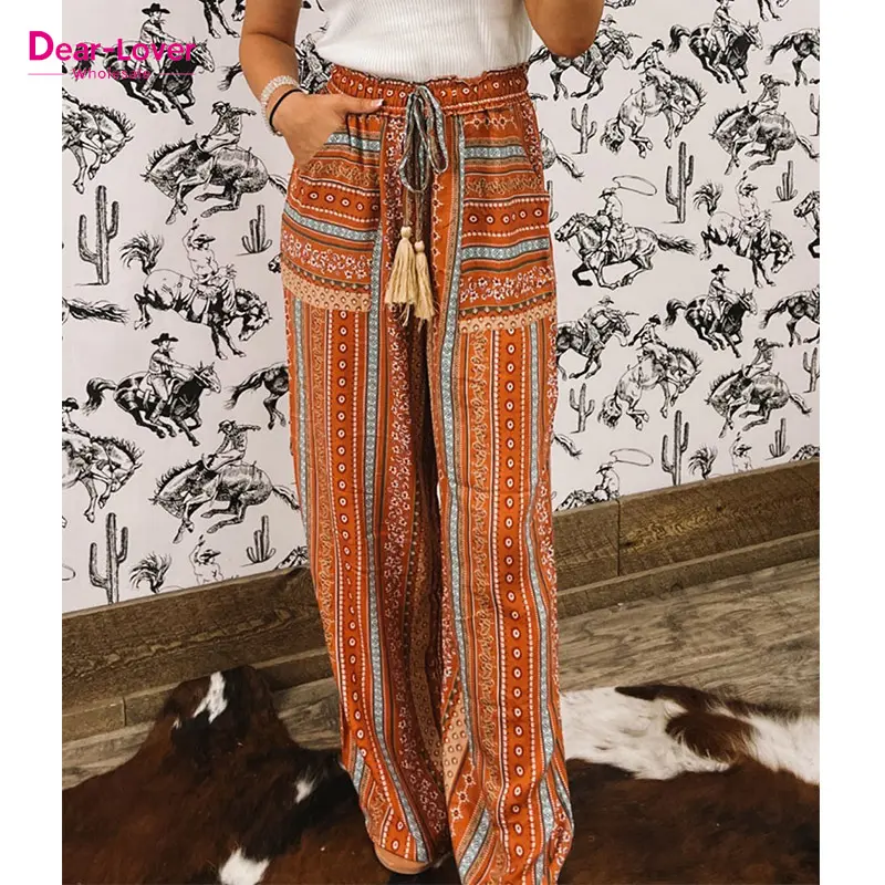 Dear-Lover Gold Flame Printed Pantalones Borla Cordón Pierna ancha Boho Pantalones para mujer