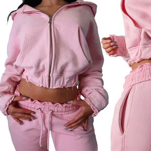 <span class=keywords><strong>Conjunto</strong></span> Deportivo de Dos Piezas para Mujer con Sudadera con Capucha y Cremallera <span class=keywords><strong>Rosa</strong></span> Desgastada con Logotipo Personalizado, Pantalones Deportivos para Mujer - Product Image 1