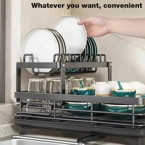 Égouttoir à vaisselle réglable avec plateau de drainage pour assiettes et rangement de couverts, à poser sur l'évier ou sur le comptoir de cuisine - Product Image 5