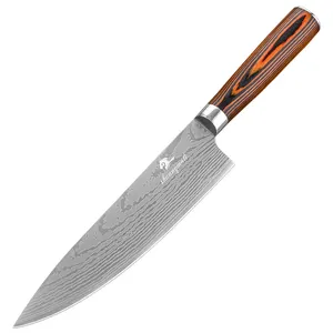 Hot Sale Wood Handle Custom Logo Damascus Pattern 8 inch High Carbon Stainless Steel Kitchen Knife Chef Knives