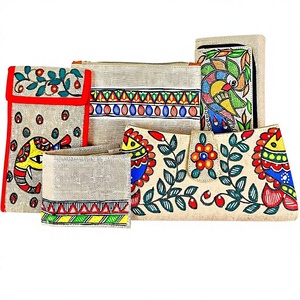 Elegant Women's Cotton Fabric Rectangle <b>Clutch</b> <b>Purse</b> with <b>Gold</b> Leafing and Embroidery - Product Image 1