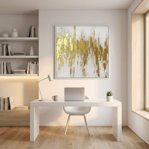 Peinture abstraite dorée et blanche, grande toile minimaliste faite à la main, œuvre d'art pour hôtel, décoration murale pour la maison, arts décoratifs - Product Image 2