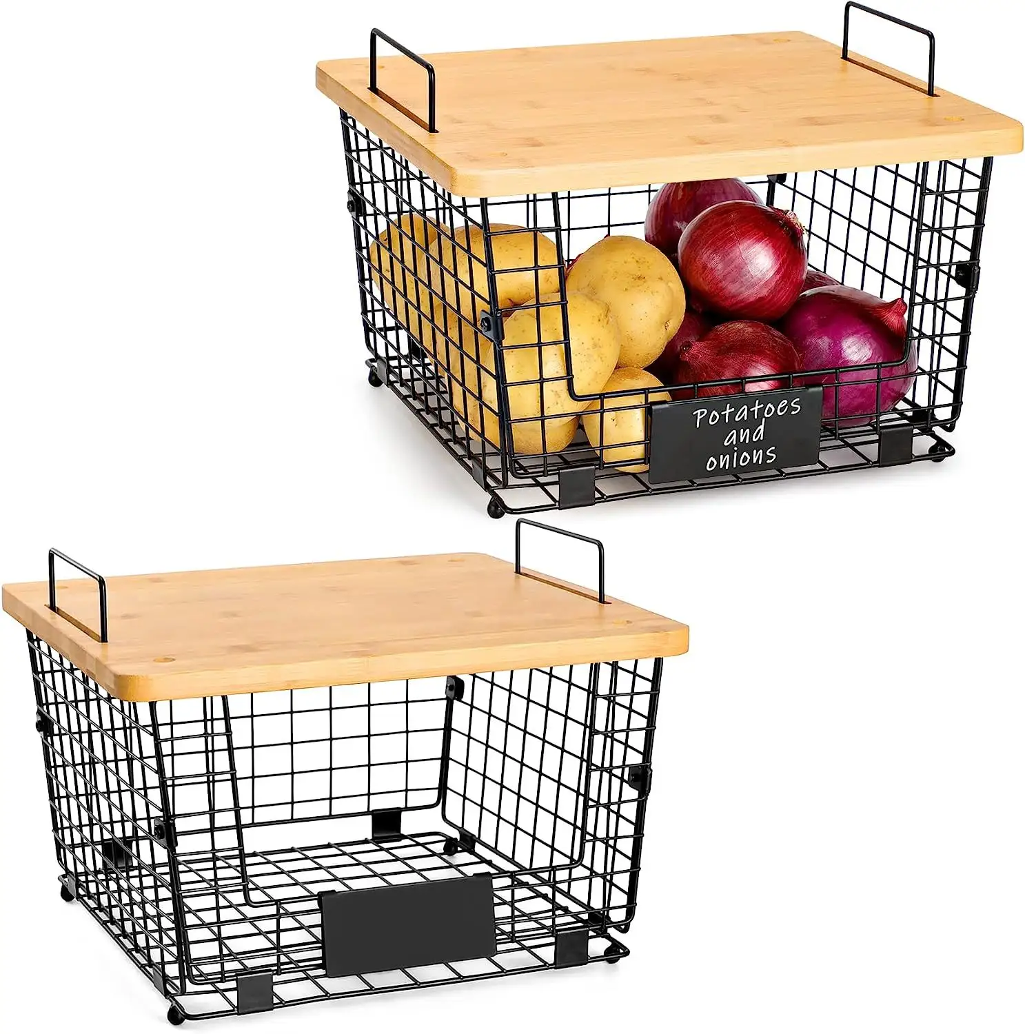 black stackable metal wire mesh storage basket vegetable rack kitchen metal fruit storage basket for kitchen