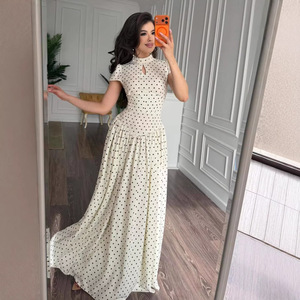 Summer Elegant Women's Polka <strong>Dot</strong> Spliced Short Puff Sleeve Stand Collar Hollow-out Slim Fit High Waist Pleated A-<strong>line</strong> <strong>Maxi</strong> <strong>Dress</strong> - Product Image 1