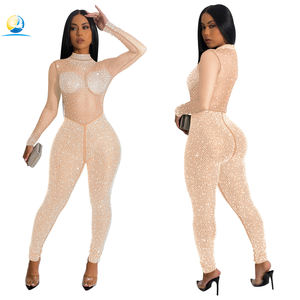 Combinaison de Soirée Sexy à Manches Longues en Maille Transparente avec Strass pour Femme, Barboteuse Tendance pour Fête en Club - Product Image 3