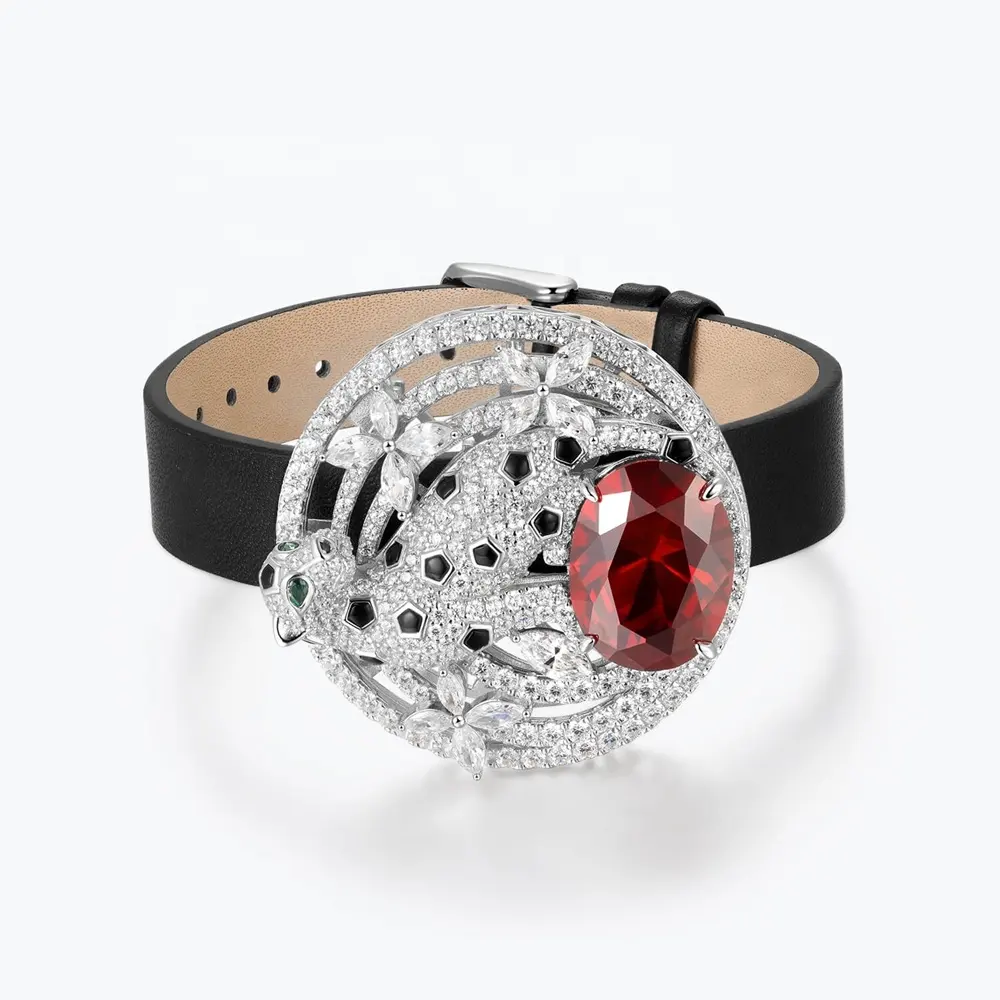 Gelang 925 perak Sterling perhiasan mewah gaya pergelangan tangan macan tutul kulit hitam dapat disesuaikan desain baru