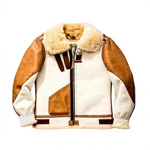 Brown Woolen Sheepskin <b>Shearling</b> <b>Bomber</b> <b>Jacket</b> Genuine Leather Men Winter Windproof Hooded Stand Collar Animal Zipper Outerwear - Product Image 3