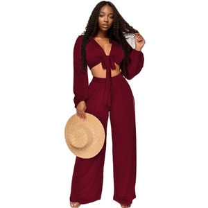 Nuevo Diseño, Ropa de Talla Grande para Mujer, Formal, para Salir, de Color Sólido, Pantalón de Pierna Ancha, Conjunto de 2 Piezas, a la Moda - Product Image 1