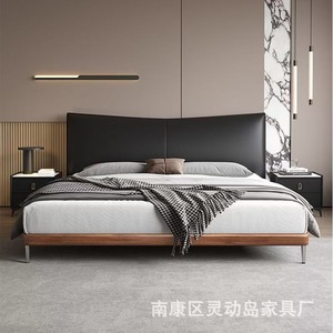 Lit italien minimaliste en cuir véritable noir 2M, lit double pour chambre principale, lit de mariage, luxe léger, simple, haut de gamme - Product Image 4