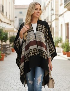 <span class=keywords><strong>Poncho</strong></span> long ouvert sur le devant pour femme, motif <span class=keywords><strong>pied</strong></span>-<span class=keywords><strong>de</strong></span>-<span class=keywords><strong>poule</strong></span> patchwork, châle réversible géométrique, cape enveloppante douce en fausse cachemire, couleur automne/hiver - Product Image 1