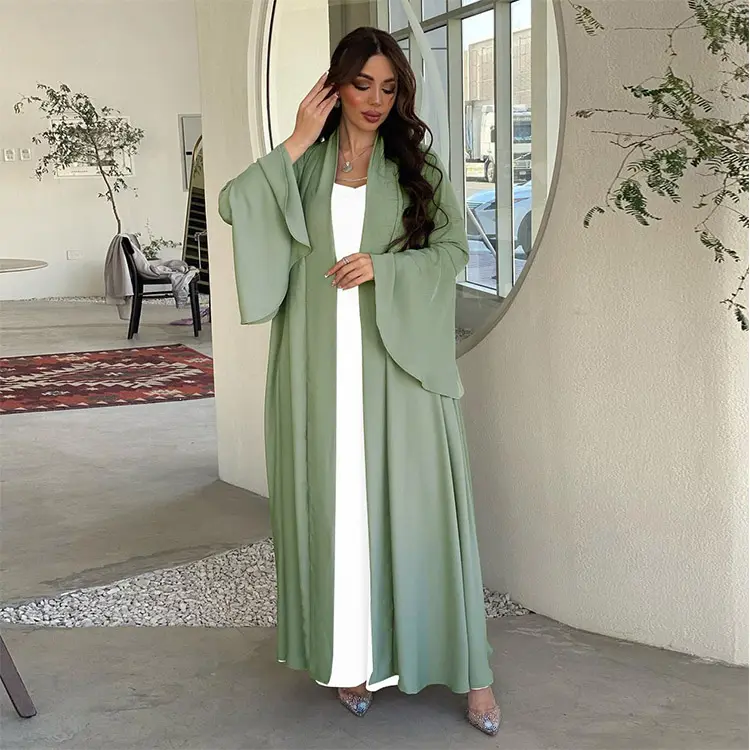 थोक दुबई अरबी कपड़े किमोनो अबाया इस्लामी कपड़े झालरदार आस्तीन खुली अबाया महिला मुस्लिम पोशाक