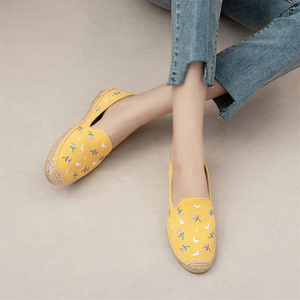 Zapatos de lona amarillos para mujer con bordado de flores, mocasines tejidos de yute, alpargatas planas informales transpirables para verano - Product Image 4