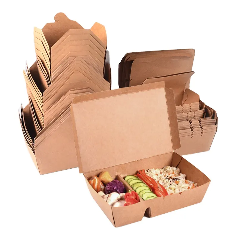 Özel çevre dostu biyobozunur Kraft paket gıda kutuları gıda ambalajı çok bölmeli kraft kağıt yemek kabı