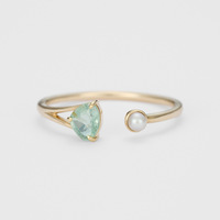 Bague ajustable en argent sterling 925 plaqué or 14 carats avec pierre précieuse triangulaire en chrysoprase et perle d'eau douce naturelle