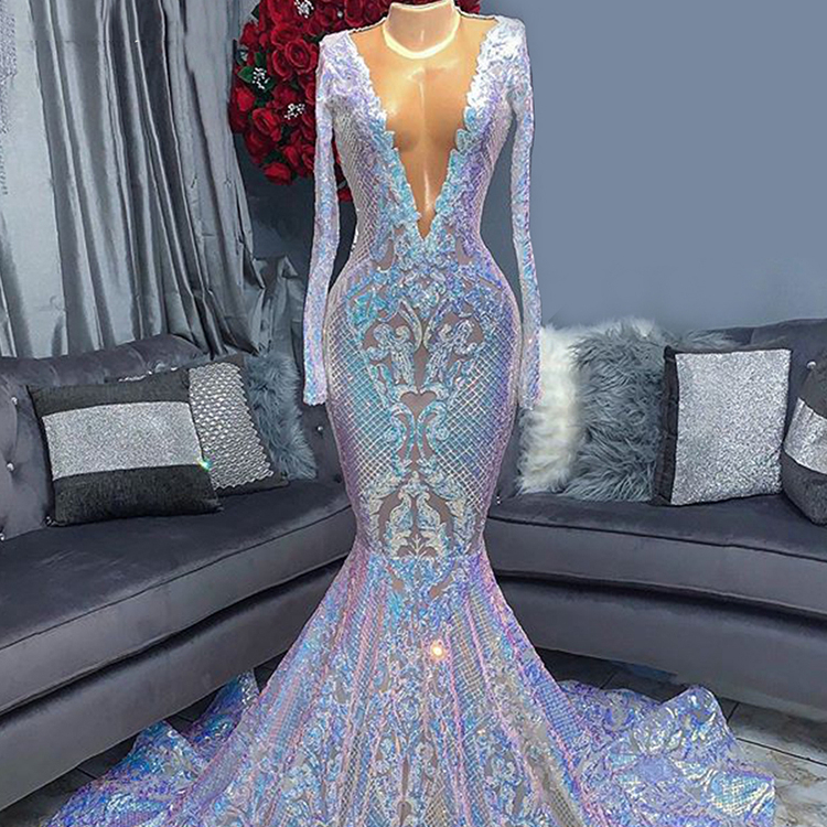 green emerald velvet dress V-Neck Long Sequin Prom Dress with Lace-Up Back Royal / 4 main image 1