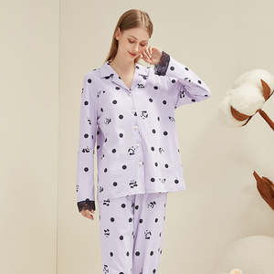PJ-1465 Women's 100% Cotton Pajamas Purple Panda Print <b>Open</b> Front Casual Sleepwear For Home Wear Thin Woven Fabric Two Piece Set - Product Image 2
