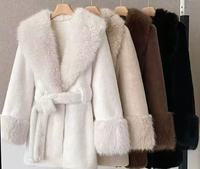 Damen Umweltfreundlicher Eleganter Kunstpelzmantel mit Kunstfellkragen Winter Langarm Peplum Parka Mantel mit Gürtel