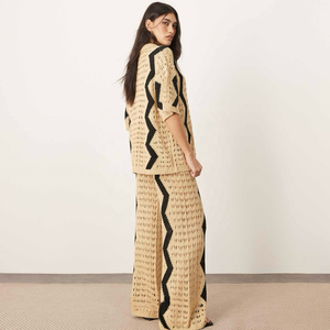 Conjunto de punto de ganchillo bohemio, cárdigan de manga corta con patrón de zigzag negro <span class=keywords><strong>Beige</strong></span>, pantalones de pierna ancha, traje de verano de moda para <span class=keywords><strong>mujer</strong></span> - Product Image 1