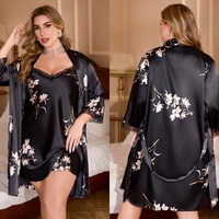 Gaun Tidur Wanita Ukuran Besar Elegan Kasual Motif Bunga Mewah Vintage Musim Panas Gugur Bahan Sutra Es Satin dengan Pinggang Elastis