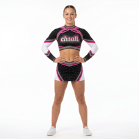 Tenue de cheerleading personnalisée à col montant et manches longues, avec strass, blocs de couleur, uniforme de performance pour l'esprit d'équipe et nœud