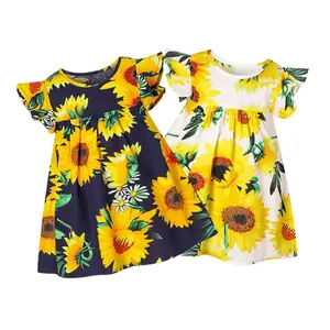 Kids Custom Kleding Zonnebloem Print Ruche Mouw Casual Peuter Meisjes Jurk Zomer