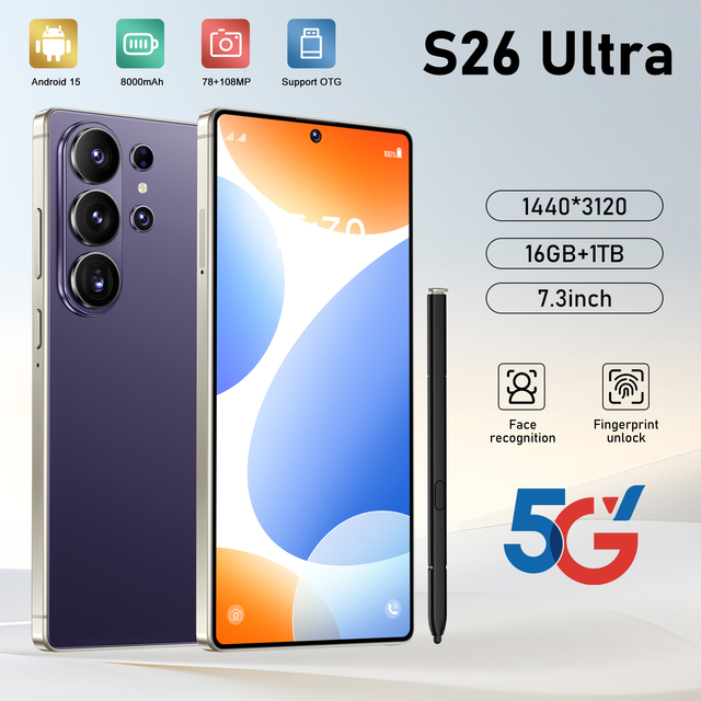 Wholesale Unlocked Smartphones S26 Ultra Celulares Originales 7.3-inch Deca Core 16GB+1TB Support OTG Android15 Phone