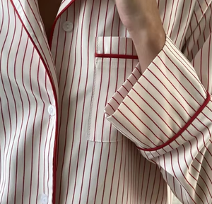 Custom Red Striped 100% Pure Cotton Pajamas <strong>Womens</strong> Long Sleeved Pants <strong>Christmas</strong> <strong>Pyjama</strong> 2 Pieces Button Down Pajamas Pj for <strong>Women</strong> - Product Image 2