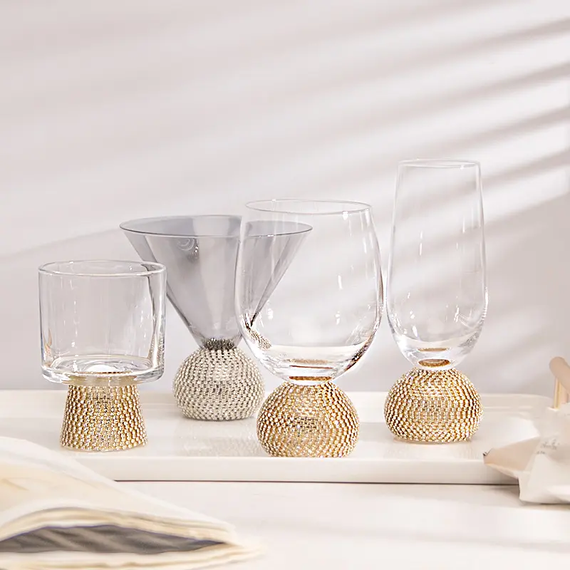 Crystal Wedding Gold Rim Ball Stem DIAMOND Toast Wine Glass Champagne Flutes Martini Cocktail Water Drinking Glasses Set