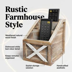 Rustic Vintage Wooden Desk Organizer Remotes Caddy Tabletop Desktop Office Supplies Desk Accessories Holder, 17 X 16.5cm - Product Image 2