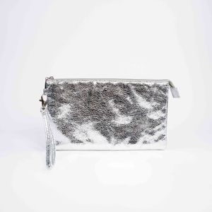 Sac de rangement cosmétique multifonctionnel en cuir PU argenté, avec fermeture à rabat, personnalisable avec logo, fabriqué en usine certifiée ISO BSCI - Product Image 1