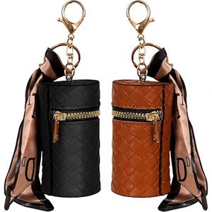 Lipstick Organizer Case Boho Braided Vegan Leather Scarf Accent Cylindrical Lip Gloss Travel <b>Holder</b> with Zipper Keychain Hook - Product Image 1