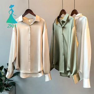 Blusa de Satén de Color Sólido para <span class=keywords><strong>Mujer</strong></span>, Top de Primavera/Otoño, Manga Larga, Cuello Camisero, Prenda Elegante - Product Image 1