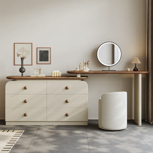 Commode de chambre à coucher en MDF de style rétro moderne français avec panneau LED, table rétractable éclairée, petits tiroirs et miroir intégré sur pied - Product Image 5