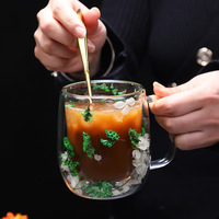 Mug à thé moderne en verre borosilicate double couche avec couvercle à charnière, fleur séchée véritable créative, cadeau d'affaires pour le bureau et la maison