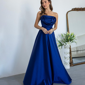 Vestido de Noche Largo Elegante de Satén sin Tirantes, Color Sólido, Espalda Descubierta, Cintura Imperio, Estilo Casual - Product Image 1