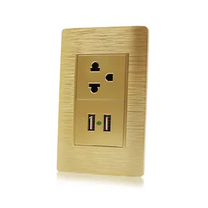 豪华金色3针美国插座，带双USB充电器电开关和插座