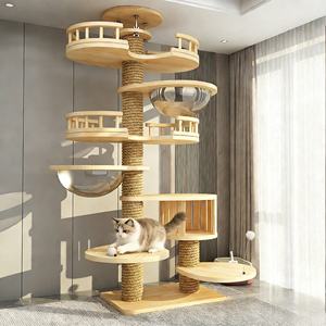 Rak Kucing Tinggi Model Lantai, Mewah, Kayu Solid, Struktur Panjat Kucing dengan Platform Lompat, Tiang Garuk, dan Sarang Kucing - Product Image 1