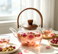 Théière en verre borosilicate haut de gamme Wuso, design classique, forme sphérique, poignée de levage en bois, couvercle en bois, résistante à la chaleur