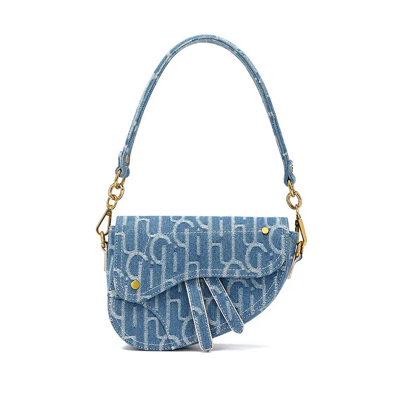 Retro Blue Denim Flap Handbag Saddle Bag With Letter Pattern Cross Body Shoulder Bag Small Vintage Cotton Underarm Handbag Purse