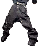 Jeans en denim délavé noir asymétrique à braguette boutonnée, coupe ample et jambe large, style streetwear, pour hommes, personnalisable OEM/ODM, faible MOQ