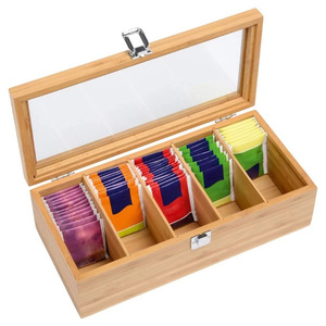 Wooden Tea Storage Box With Compartments Flip Top Lid Natural <b>Wood</b> Color Rectangle Office <b>Desk</b> Organizer - Product Image 2