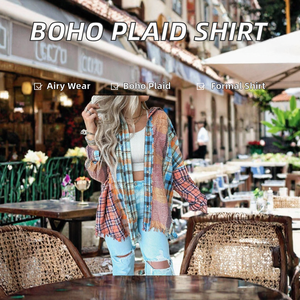 Chemise en flanelle tissée à carreaux style bohème pour femme, col rabattu, manches longues, coupe classique pour l'été - Product Image 2