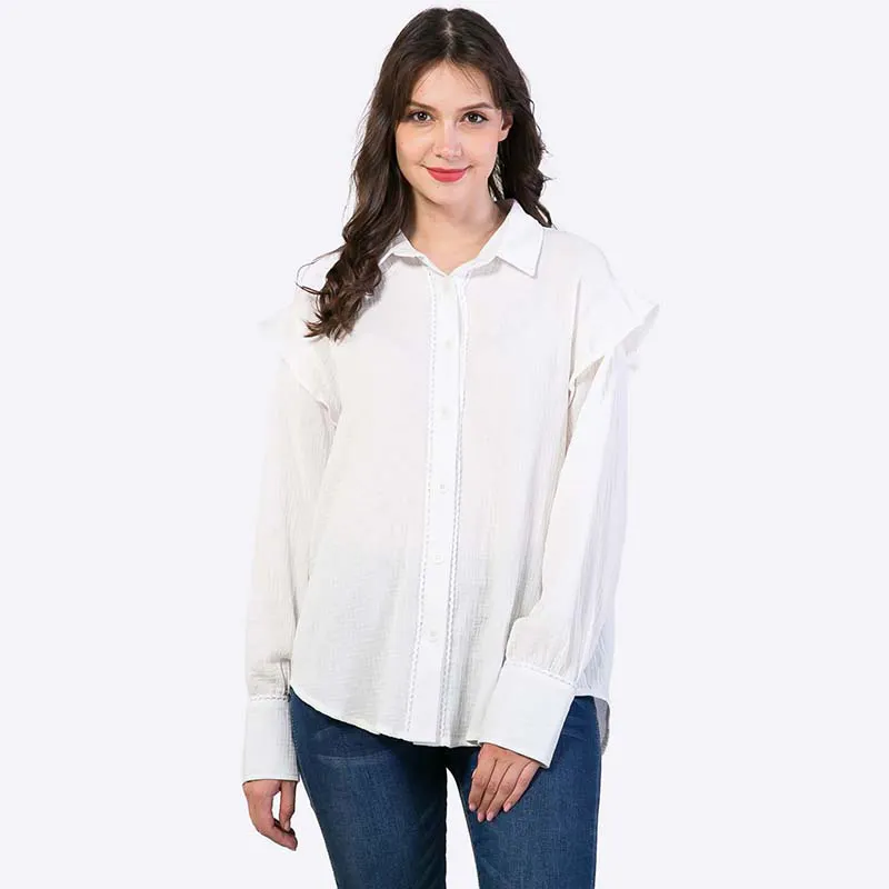 Silhueta plissada Bolso Alta Qualidade Casual clássico Moda Feminina Simples Camisas pendulares Botão Blusa Branca oversized