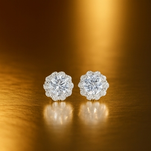18K Solid Gold Geometric <b>Halo</b> Drop <b>Earrings</b> with Center Cultured Diamond Luxury Gift Jewelry - Product Image 1