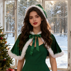 Yi Xiaoyi Conjunto de capa navideña para mujer, capa con capucha de terciopelo rojo y verde con guantes, disfraz navideño, talla adulta - Product Image 2